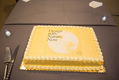 Cake with "Design With Nature Now" logo on it