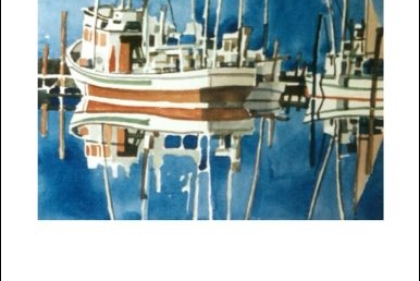Cover of PLACE by Lee Copeland. (Cover includes watercolor of fishing boats floating in harbor)