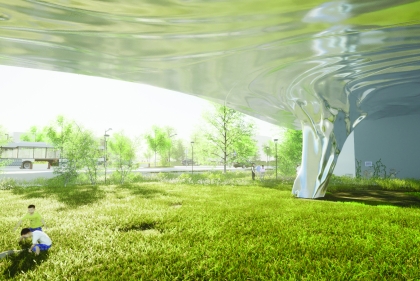 Rendering of landscape beneath shimmering building skin