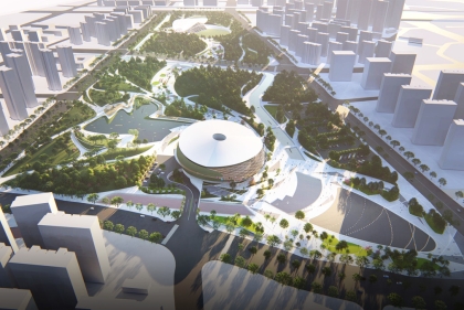 Rendering of sports stadium surrounded by park.