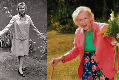 Ann Strong at middle age in a raincoat outdoors, and Strong in later life holding flowers 