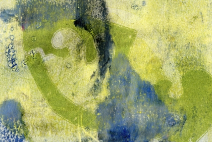 guache in tones of green, blue and black are painted to resemble an earthly landscape