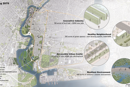 Plan of southeast Philadelphia site showing location of urban farm system and public spaces.