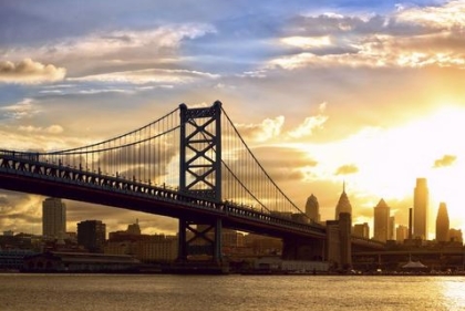 Ben Franklin Bridge Silouhetted by the setting sun 