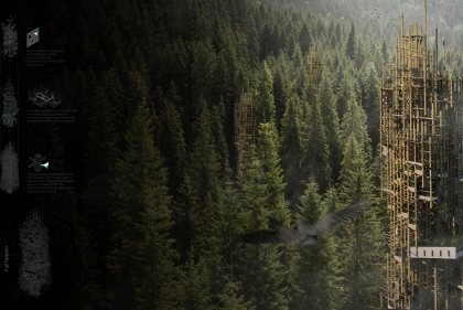 A multi-pronged spiky brown tower rises above a dense pine forest with a flock of birds in the air above