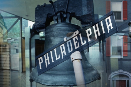 Photographic Tryptic. Philadelphia skyline fading in to Liberty Bell fading in to Old City Philadelphia red brick houses.