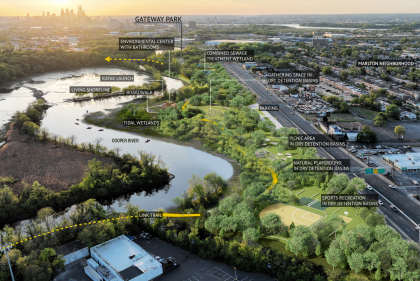 Rendering of urban park along Camden riverfront