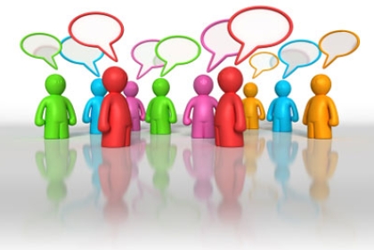 Figures standing in a group with blank speech bubbles over their heads