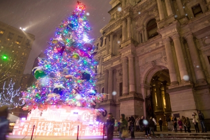 Illuminated holiday tree in front of City Hall