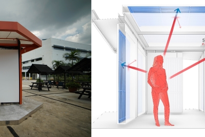 Image on left shows a short built hallway outdoors with cement floors and red trim. Right image shows illustrative diagram.