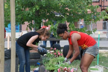Students working on community garden
