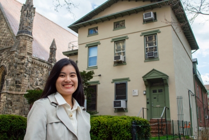 Ke-An Chiang in front of Italianate villa