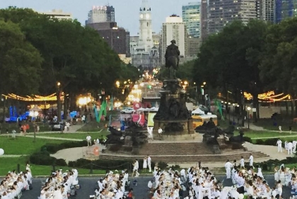 Large dining event at top of Benjamin Franklin Parkway