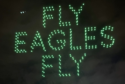 Fly Eagles Fly written in the sky above the Philadelphia Art Museum with drones