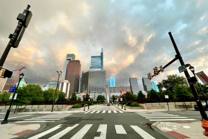 Mix of blue skies and storm clouds over Philly at Logan Square Park.