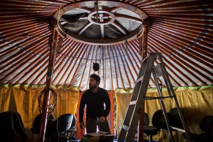 Evan Oskierko-Jeznacki, a Ph.D. fellow and research associate, inside the ger at the Pennovation Center.