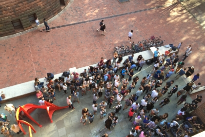 Students gather on Furness Plaza for the first Friday Happy Hour of fall 2015