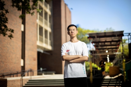 Frank Chen in front of Meyerson Hall