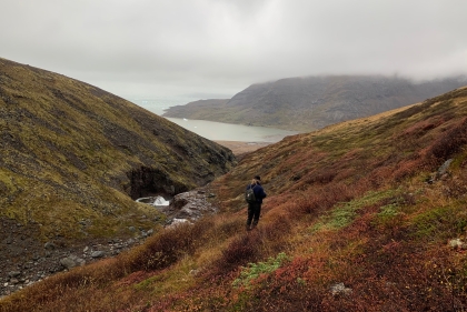 Person walks through a valley with small glaciers in distance