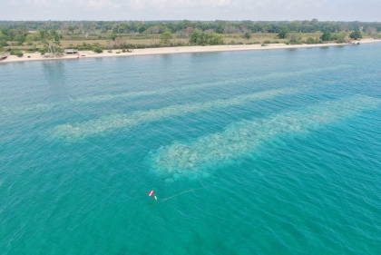 Parallel lines of underwater stone embankments hug a shoreline under turquoise water