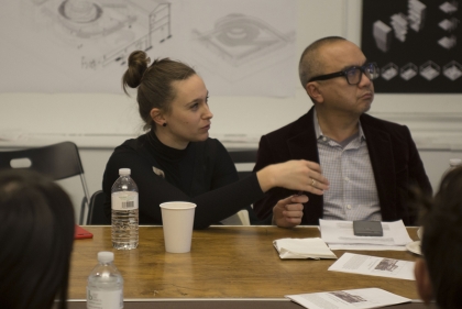 Sophie Hochhäusl speaking next to Ken Lum during a studio review