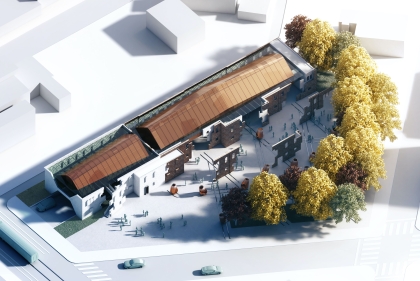 Rendering with aerial view of single story building with copper-colored roof