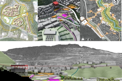 A terraced hillside is interrupted by low rise buildings and ends with a green space