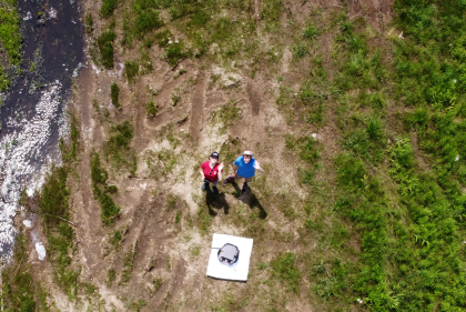 Birdseye view of two people in landscape