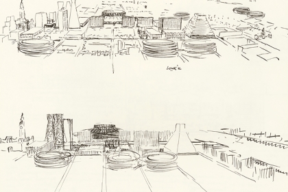 Ink drawing of Philadelphia showing new structures envisioned by Kahn