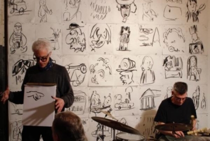 Matt Freedman and Tim Spelios Endless Broken Time drumming, drawing and talking performance