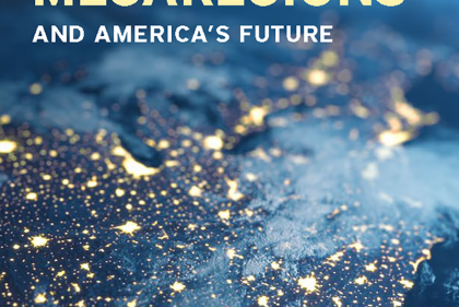 Book cover of "Megaregions and America's Future" showing NASA satellite view of US cities at night