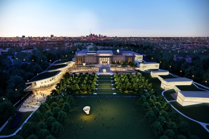 Nightime view of illuminated pavilions in horseshoe shape