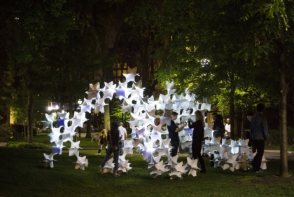 Winning pavilion with night lighting.