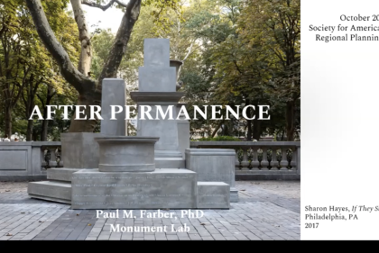 Zoom capture with view of stone monument and Paul Farber video feed