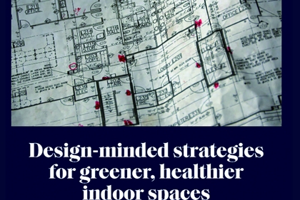 The article headline "Design-minded strategies for greener, healthier indoor spaces" with an image of a blueprint
