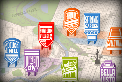 Map with signs denoting different neighborhoods in Philadelphia