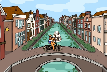 Netherlands character riding bike in small town.