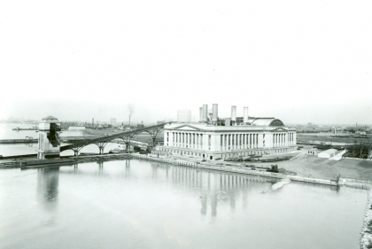 Southeast elevation facing the Delaware river from the rail viaduct