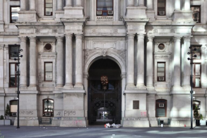 City hall covered in graffiti 