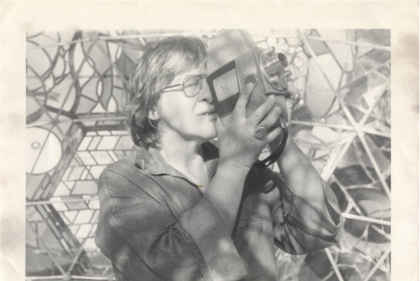 Photographer unknown, “Phyllis Birkby filming at Caroling’s stained glass Wholeo Dome,” Monte Rio, California, 1978. Photograph, 8 x 10 in. Courtesy Noel Phyllis Birkby Papers, Sophia Smith Collection, Smith College, Northampton, MA