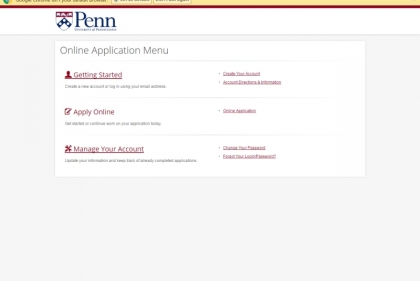 Screenshot of Penn online application menu