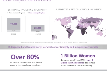 If diagnosed and treated early, cervical cancer is highly and inexpensively curable. Over 80% of cervical cancer cases and deaths occur in less developed countries. 1 Billion Women (between ages 21 and 65 in Low- & Middle-Income Countries do not have access to cervical cancer screening