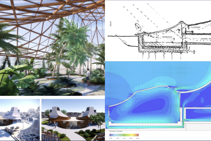Rendering and section for a sloped building with palm trees under an atrium