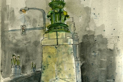 Sketch and watercolor of detail on Philadelphia Bridge by Paul P. Cret