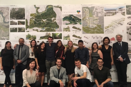 Faculty member David Gouverneur (second from left), PennDesign Dean Fritz Steiner (right), and students in the interdisciplinary studio 