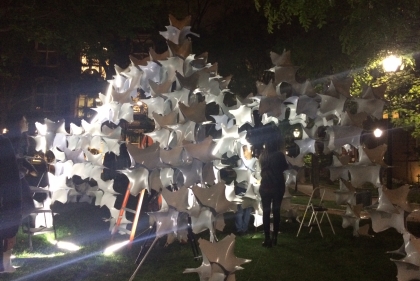 Pavilion being set up at night