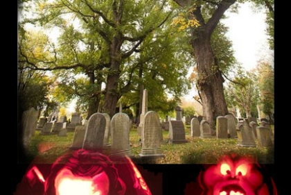 Title "The Woodlands" Images: Old Graveyard, Pumpkin carvings of Bill Murray and the friendly poltergeist from 'Ghostbusters' 