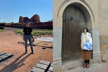 Two photos side by side: Ali Cavicchio in the field and Ying Wang in front of a big arched door