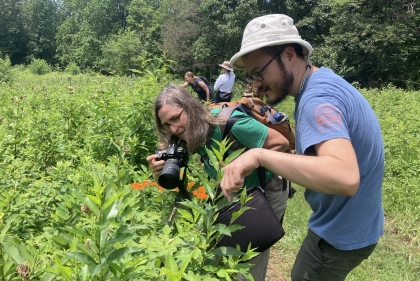 A woman and man examine plants in field 