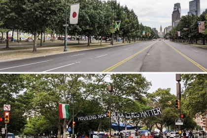 Two images are shown in comparison: an empty Benjamin Franklin Parkway and the entrance of the Occupy PHA site